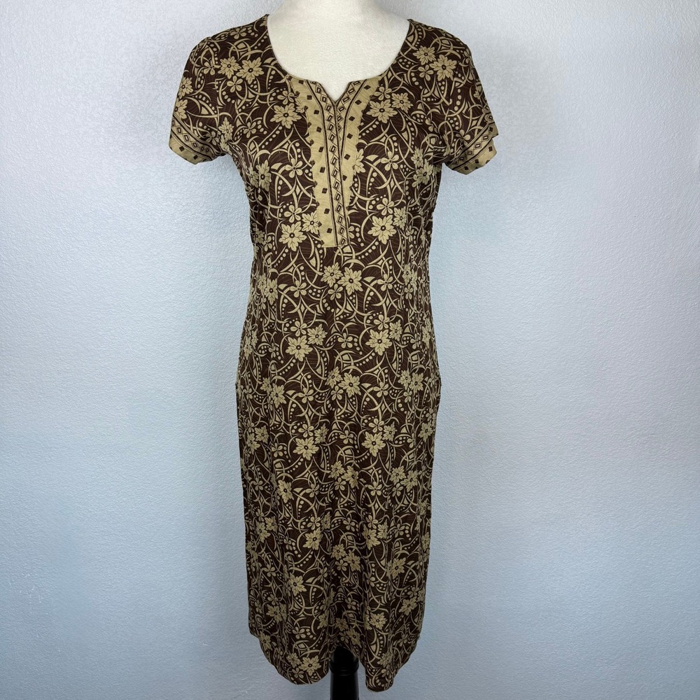 Boho‎ Brown Beige Floral Pattern Short Sleeve Silky V Neck Midi Slip Dress Women
